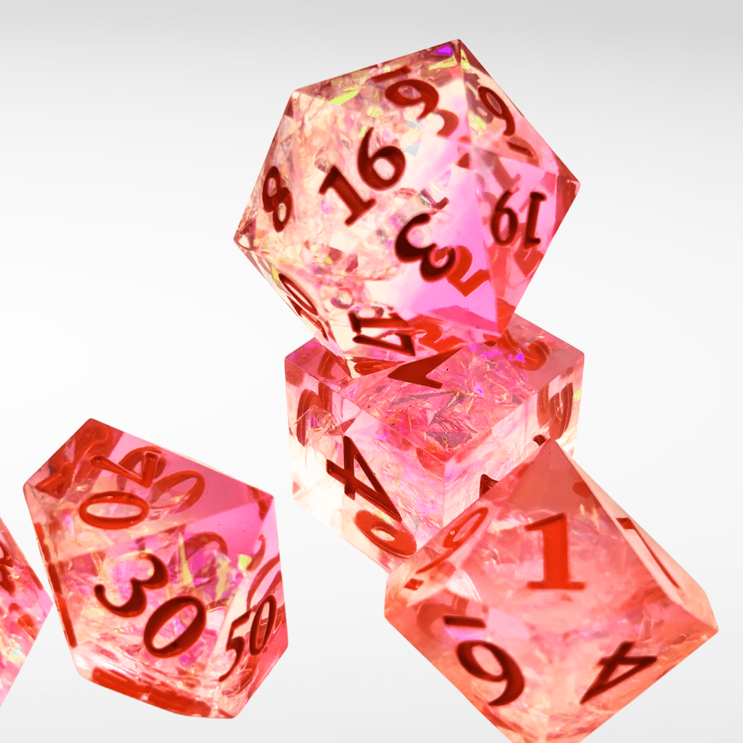 Premium Colored Pink / Orange – 7pc Handmade Sharp Edge Resin Dice Set - Nerd Gear Gaming Inc.