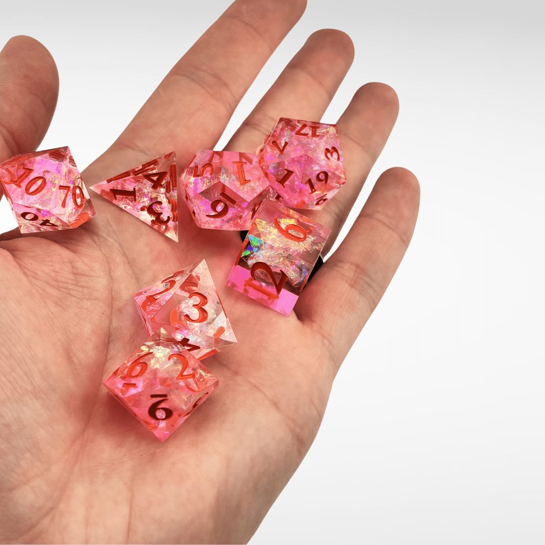 Premium Colored Pink / Orange – 7pc Handmade Sharp Edge Resin Dice Set - Nerd Gear Gaming Inc.