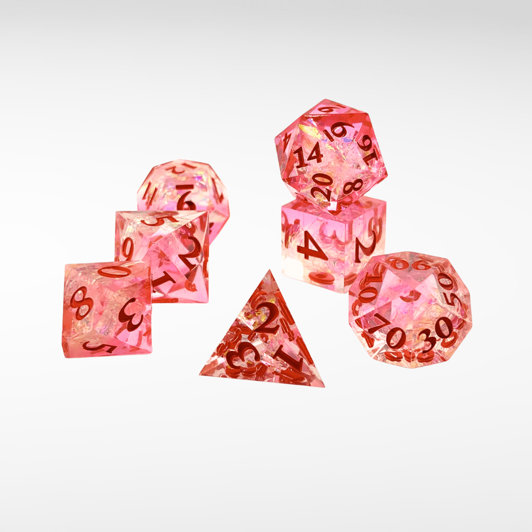 Premium Colored Pink / Orange – 7pc Handmade Sharp Edge Resin Dice Set - Nerd Gear Gaming Inc.